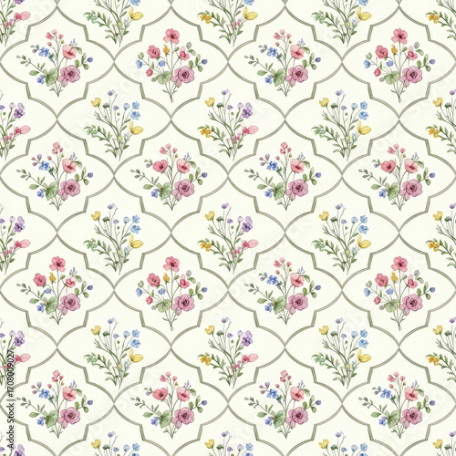 Wallpaper Mural Delicate Floral Trellis Pattern with Pastel Roses and Blossoms on a Creamy Background, Evoking Timeless Charm and Garden Freshness in Decorative Surface Design Torontodigital.ca