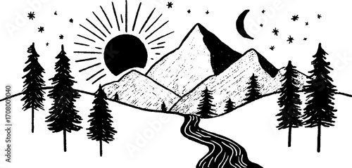 Spring sunrise over mountain silhouette with pine trees and celestial elements