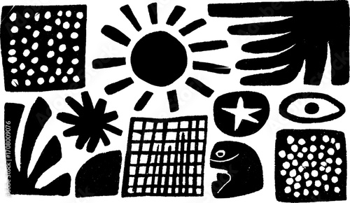 Abstract celestial and botanical tattoo flash set with sun, stars, and natural elements
