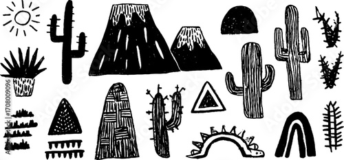 Desert cactus and volcano spring set with lizards and dunes for creative design