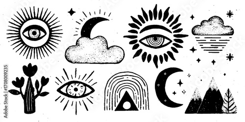 Celestial sun and moon collection with eye symbols and nature elements for mystical designs