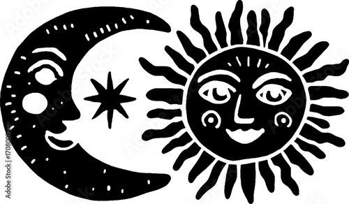 Celestial harmony: sun and crescent moon with stars illustration for cosmic design