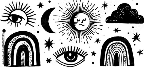 Celestial sun and moon design with rainbows and stars for artistic projects