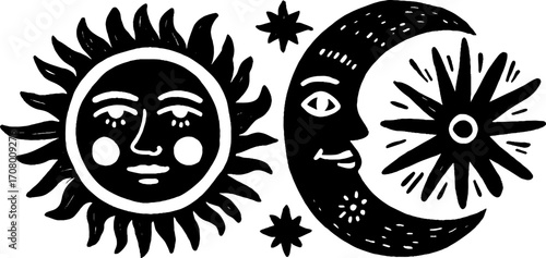 Celestial harmony: sun and moon with full and crescent moon illustrations for spiritual design