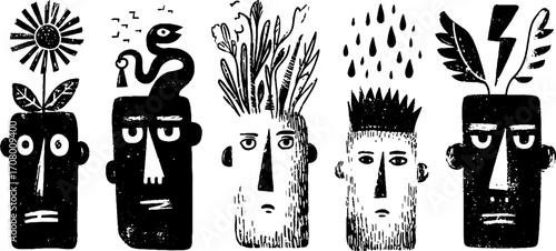 Surreal heads with floral and abstract elements for creative design