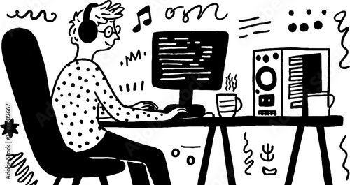 Programmer in tech workspace with code on monitor and modern desktop setup