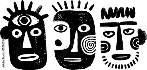 Surreal mask faces with spiral elements and abstract expressions for art and design
