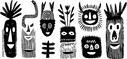 Collection of tribal totem masks with snake and bird skull elements for cultural art design