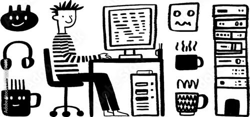 Tech workspace illustration featuring programmer with code and gadgets