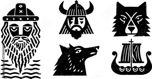 Viking heritage symbols: thor's hammer, drakkar ship, and wolf icons for norse art inspiration