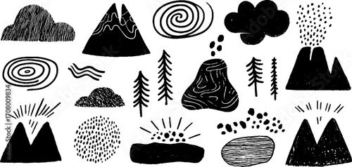 Volcanic textures set with flow lines and spirals for creative design projects