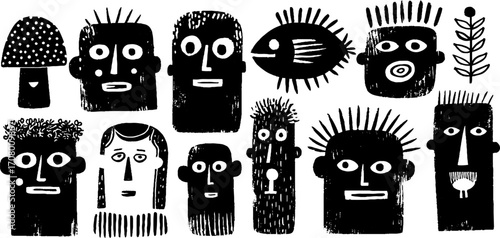 Quirky collection of surreal anthropomorphic heads with mushroom and fish elements