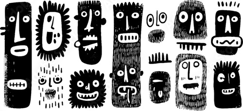 Expressive abstract faces with distorted features in bold line art design