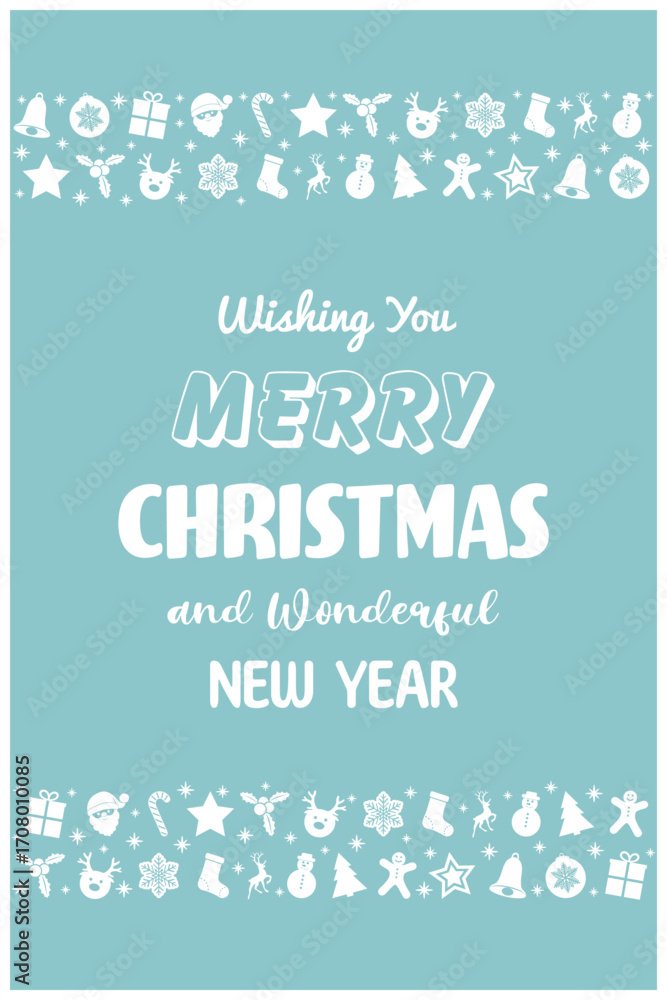 Fototapeta premium Christmas poster with ornaments. Greeting card decorated with Santa Claus, tree, reindeer, present and snowflake icons. Vector illustration