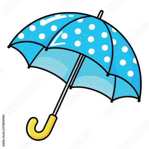 Blue polka dot umbrella with a fun yellow handle, a cheerful and modern design for rainy days.