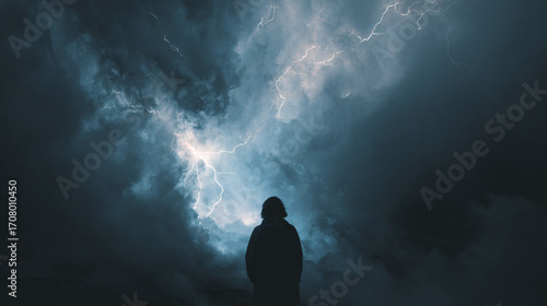 Wallpaper Mural A person in the midst of a violent storm, symbolizing inner conflict and mental chaos. The flashing lightning represents sudden emotional bursts or intense moments of stress. Torontodigital.ca