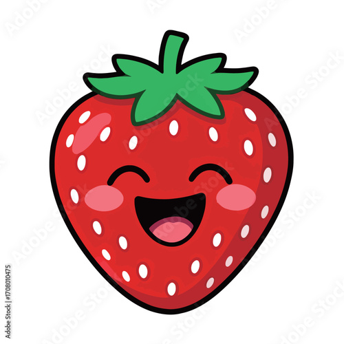 Happy cartoon strawberry with a big smile and rosy cheeks, a cheerful and joyful expression of happiness.