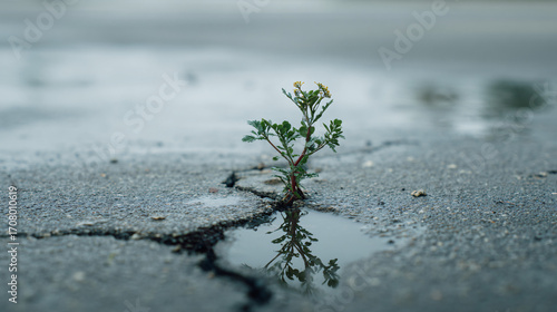 Wallpaper Mural A small plant emerges through cracked concrete, despite the heavy rain around it, symbolizing strength and resilience in the face of emotional hardship. Torontodigital.ca