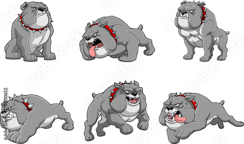 Gray Bulldog Cartoon Character In Different Poses – Vector Hand Drawn Bundle Collection Set Isolated On Transparent Background