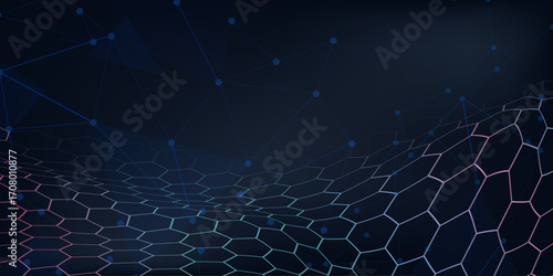 Abstract dark Geometrical Background Connection structure. Science background. Connecting dots and lines. Big data visualization and Business .Vector illustration. hexagons