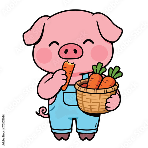 Cheerful cartoon pig in overalls, happily eating a carrot while holding a basket of fresh carrots, promoting a healthy lifestyle.
