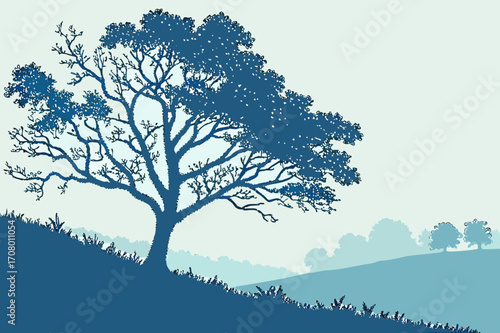 Serene Landscape Illustration with Rolling Hills

