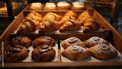 Delicious pastry assortment in a bakery shop window