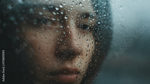 Wallpaper Mural Raindrops trickle down a windowpane, with a person’s blurred reflection showing their sense of isolation and emotional detachment during difficult times. Torontodigital.ca