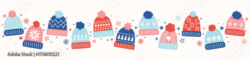 Christmas banner with hand drawn winter hats. Vector illustration