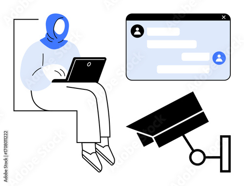Woman wearing a headscarf uses a laptop, chat window displayed, accompanied by surveillance camera. Ideal for privacy, security, monitoring, technology, online communication, awareness campaigns