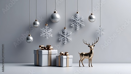 Elegant christmas decorations with gifts and golden reindeer
