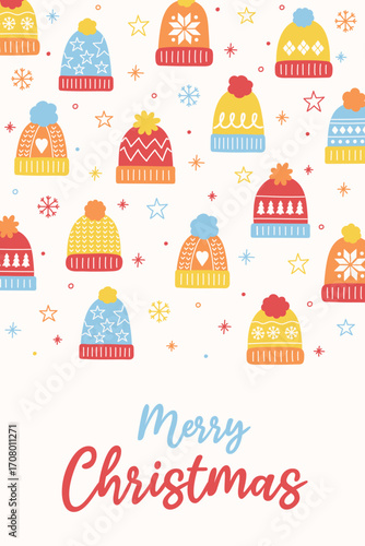 Colourful Christmas greeting card with cartoon winter hats. Vector illustration