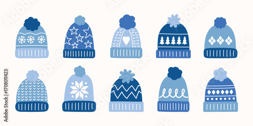 Collection of winter hats in cartoon style. Vector illustration