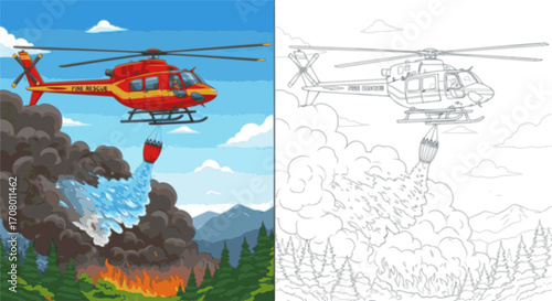 Firefighting Helicopter Coloring Page Illustration
