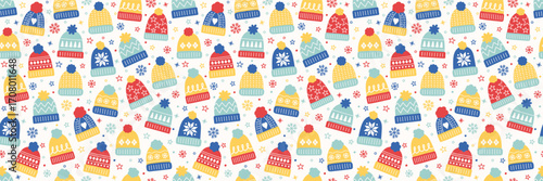 Colourful seamless pattern with cute hand drawn winter hats. Christmas background concept. Banner. Vector illustration