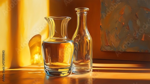 Elegant Glass Bottles Artistic Still Life Painting