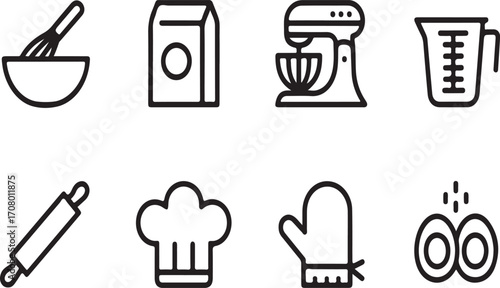 Baking tools and ingredients icons isolated on white background for cooking
