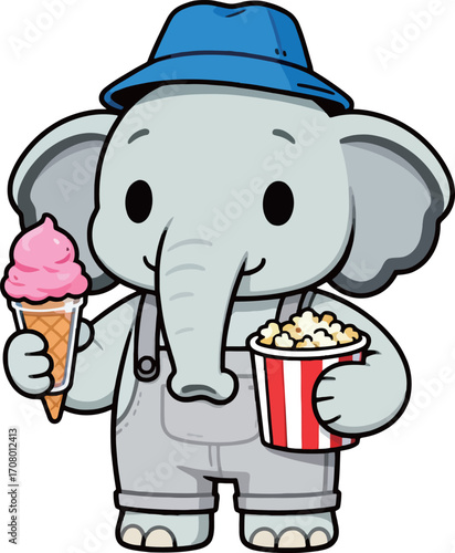 Adorable cartoon elephant in overalls and a blue hat, holding a pink ice cream cone and a box of popcorn, ready for a fun movie day.