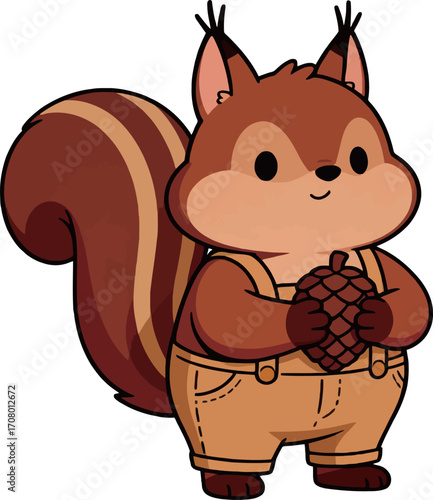 Adorable cartoon squirrel in overalls, holding a large pinecone, a classic and cute woodland animal character.