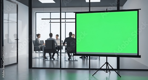 Corporate meeting room with a blank green chroma key presentation screen.
