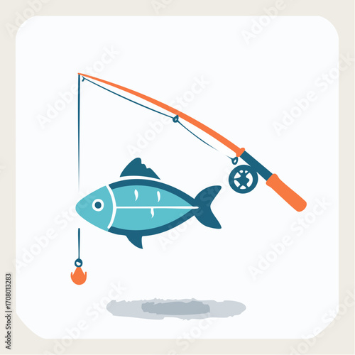 Fishing Catch Illustration: A vibrant illustration of a fishing rod catching a fish, perfect for outdoors, leisure, and recreational themes.