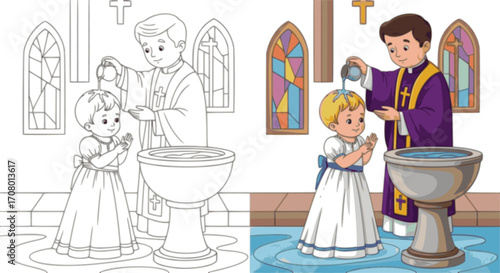 Baptism Baby Boy Coloring Page Illustration
