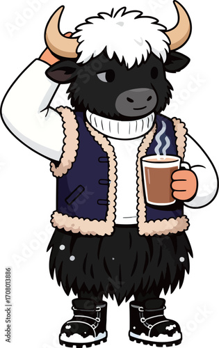 Cool cartoon yak wearing a winter vest and boots, holding a warm cup of hot cocoa, a perfect character for winter or cold weather themes.