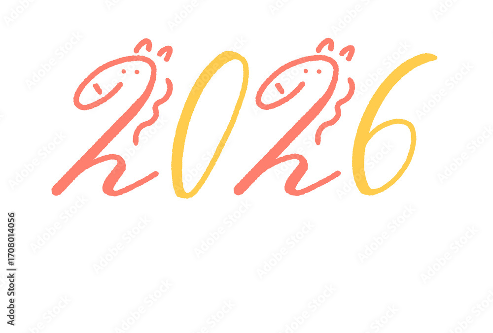 Obraz premium 馬と数字を組み合わせた2026年ロゴのかわいい年賀状 午年・正月素材
