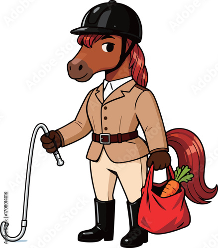 Stylish cartoon horse dressed in formal equestrian attire, holding a whip and a bag of carrots, ready for a ride.