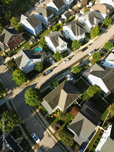 Aerial view of new homes in a housing development in Raleigh, NC