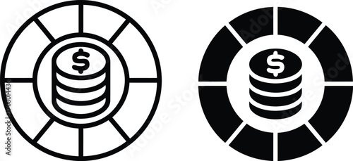 Iconographic Representation of Casino Chip with Stack of Coins Depicting Monetary Value for Gambling, Transactions, Investments, and Financial Success