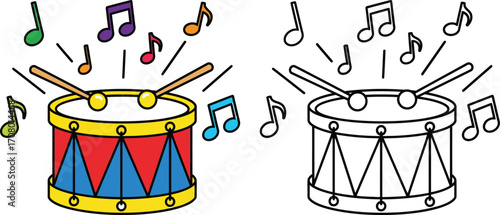 Colorful drum with music notes and drumsticks
