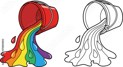 Red paint bucket pouring rainbow colors with dripping drops