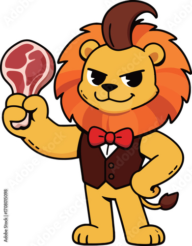 Confident cartoon lion in a stylish waistcoat and bow tie, holding up a piece of meat, a proud and cool character.